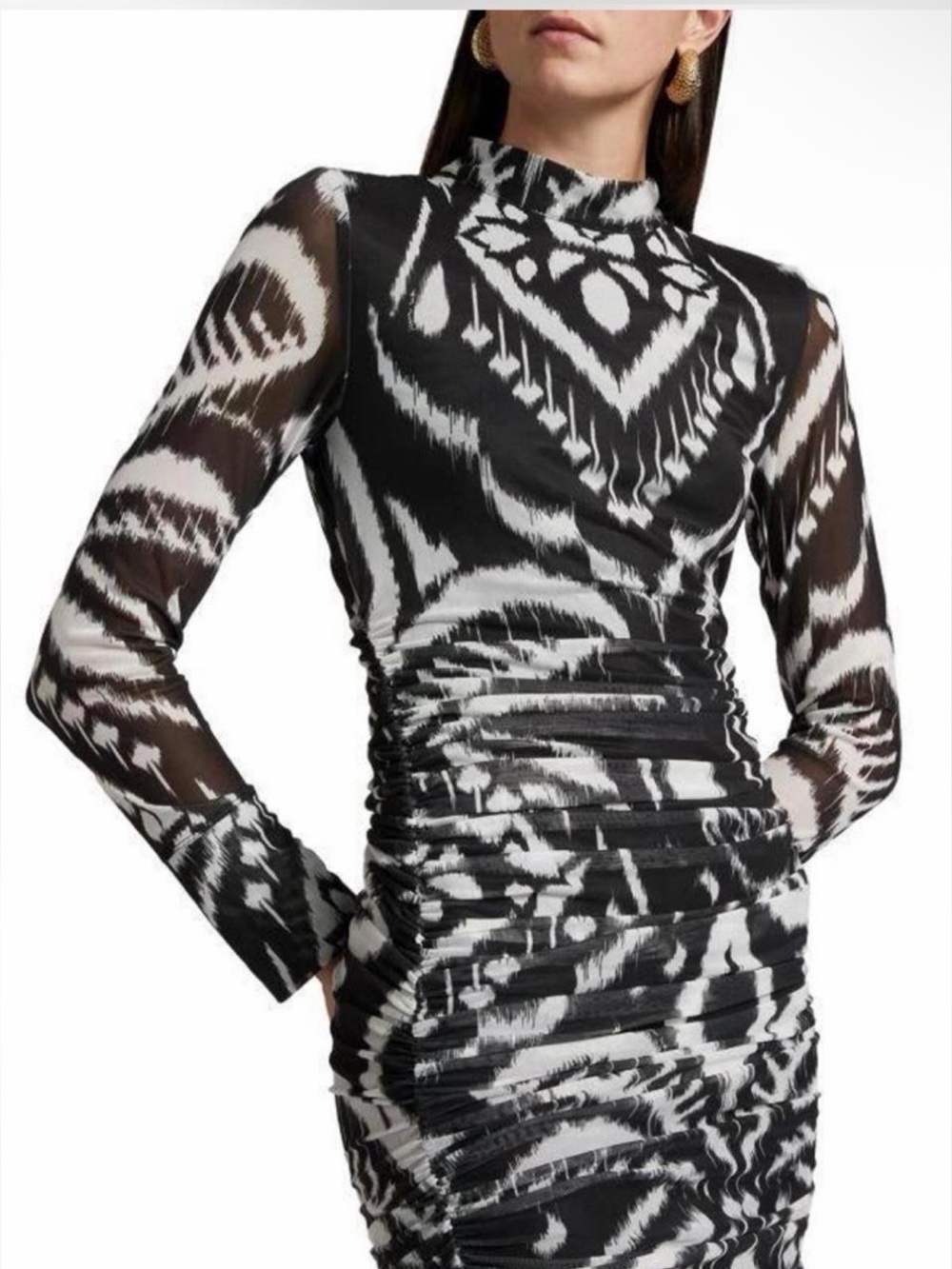 Farm Rio Black & White Printed Sheer Long-Sleeve Ruched Dress